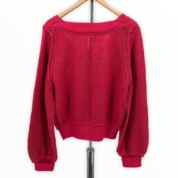Free People Hot Pink Riptide V-Neck Knit Sweater NWT - Picture 8 of 13